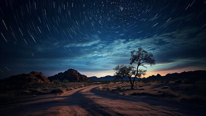 Tranquil desert landscape on a starry night evening - obrazy, fototapety, plakaty