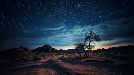 Poster Tranquil desert landscape on a starry night evening © DY