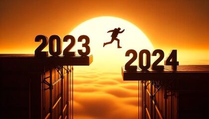 Silhouette of person making a brave jump from year  2023 to 2024. New year concept - obrazy, fototapety, plakaty