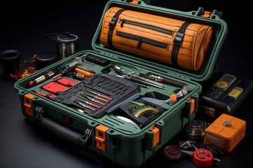 Fishing tackle box filled with lures, hooks, and fishing line, showcasing the essentials for a successful fishing trip, Generative AI