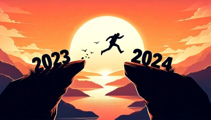 Silhouette of person making a brave jump from year  2023 to 2024. New year concept - obrazy, fototapety, plakaty
