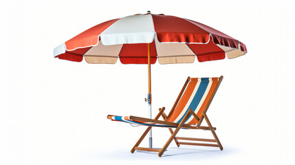 Deck chair with an umbrella isolated on white background
