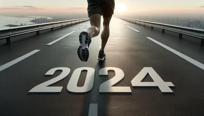 Tuinposter New year 2024, Sprint into 2024: A Lone Figure Marking the Transition on the Tarmac © Patrick