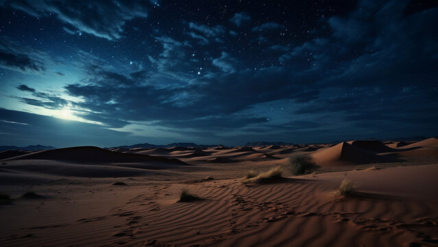 Tranquil desert landscape on a starry night evening