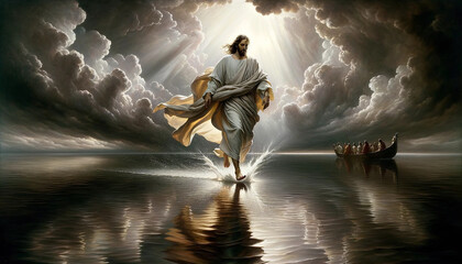 The Stormy Sea and the Savior: Christ's Miraculous Walk - obrazy, fototapety, plakaty
