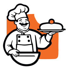 Vector logo of a cheerful chef proudly displaying a delicious meal on a tray