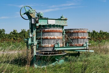 Aged wooden wine press in a lush green on a sunny day in Germany - obrazy, fototapety, plakaty