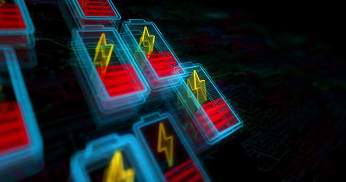 Battery charging energy and recharge power hologram symbol appears on a electronic circuit background. Network, cyber technology and computer abstract concept 3d seamless and loop animation.