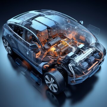 Realistic images of various components of an electric car