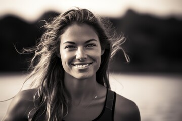 Fototapeta premium Headshot portrait photography of a handsome girl in her 30s doing paddle surfing in a lake. With generative AI technology