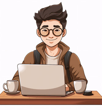 Asian man with glasses working with computer laptop at a desk. Software developer, programmer or system administrator with PC. Technical specialist at workplace. Cartoon illustration isolated on white