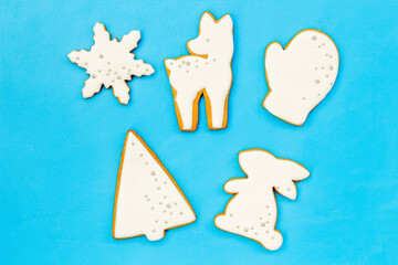 Homemade baked white Christmas cookies, top view. New Year background