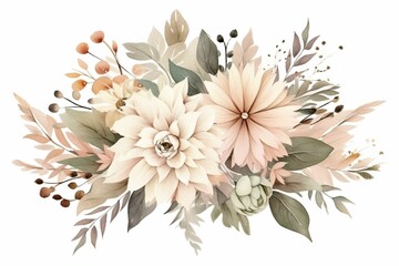 Bouquet with beige leaves and blush pink flowers, greenery, and pastel watercolor. Ideal for weddings. Generative AI