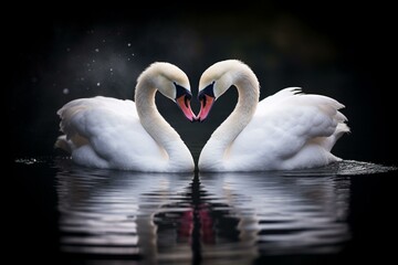 Two swans forming heart shape in water, beaks touching. Generative AI
