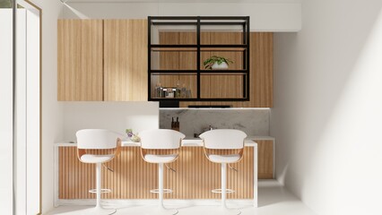 Kitchen set with a combination of oak wood and granite table top with a minibar concept
