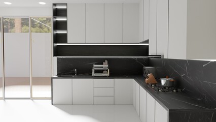 Kitchen with a combination of black wood, matte white, and a granite tabletop