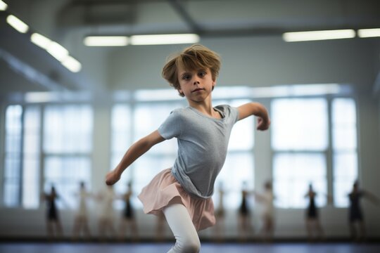 Lifestyle portrait photography of an energetic boy in his 30s practicing ballet in a studio. With generative AI technology