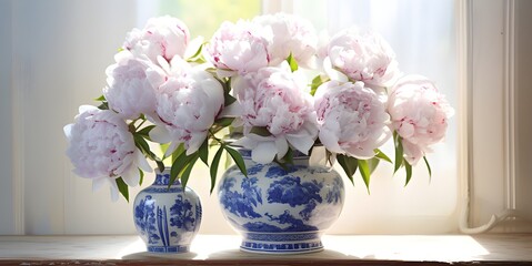 Journey to Ancient China: A Masterpiece Vase Brimming with Vibrant Spring Peonies and Exquisite Blue Details background generative ai