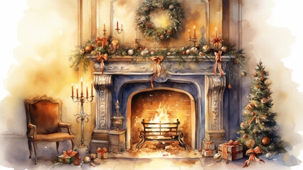 Christmas fireplace decorated in a warm home