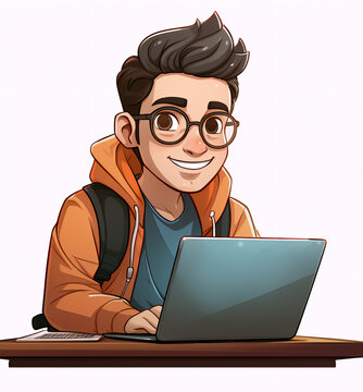 Latino man in glasses working with computer laptop at a desk. Software developer, programmer or system administrator with PC. Technical specialist at workplace. Cartoon illustration isolated on white