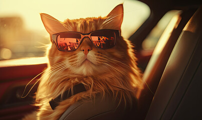 Fashionable feline in shades enjoys a leisurely moment in a sleek car.