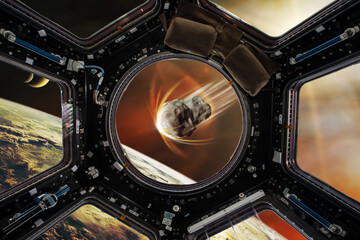 Earth planet and asteroid in spaceship porthole. Meteorite at the Earth planet orbit. Science...