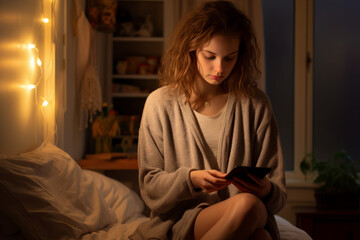 Fototapeta premium Depressed Woman girl sitting on the floor and scrolling her smartphone. 