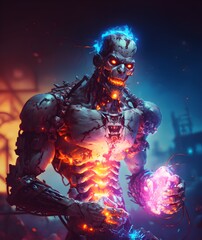a futuristic 3d animated zombie dressed in high tech clothes eating another male zombies stomach in firey armegedon war with electric robots adult characters dramatic end of world lighting 