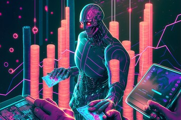 neon synthwave intricate details hyperrealism create an illustration for a magazine cover that depicts how investors are pouring billions into artificial intelligence projects a tough year for the 
