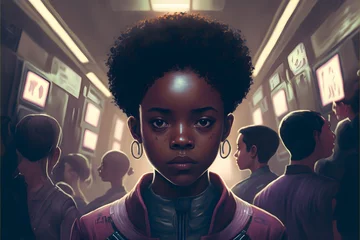 Foto op Aluminium a thin young teenage black girl with short hair bantu knots fighting a gang of thieves background is a dark space station hallway futuristic photo realistic highly detailed  © Richard