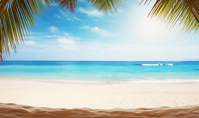 Fototapeta premium Sunlit sand foreground with a soft-focus palm tree.