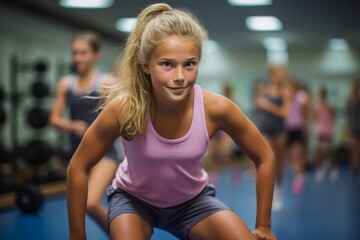 Fototapeta premium Environmental portrait photography of an active kid female doing body pump exercises in a gym. With generative AI technology