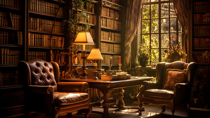 Beautiful library with calming atmosphere, ambience, light on aged wooden tables and chairs. World of literary charm and nostalgia.