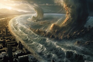 Enormous tsunami caused by asteroid impact. Generative AI - obrazy, fototapety, plakaty