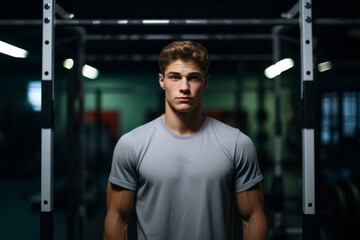 Fototapeta premium Medium shot portrait photography of a drained boy in his 20s doing bars in a gym. With generative AI technology