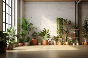A clean space with potted plants scattered nearby. Generative AI