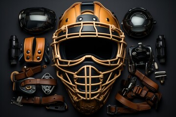 Fototapeta premium Baseball catcher's mask and mitt, showcasing equipment used in baseball, Generative AI