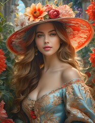 A photo of a background surrounded by red flowers. A beautiful smiley woman wears a wide hat, clothes decorated with red flowers, and a fancy dress design. Generative AI.