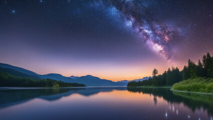 Mystical Lake Reflection: Enter a world of magic and mystery with this illustration featuring a tranquil lake reflecting a starry night sky. Generative AI, Generative, AI