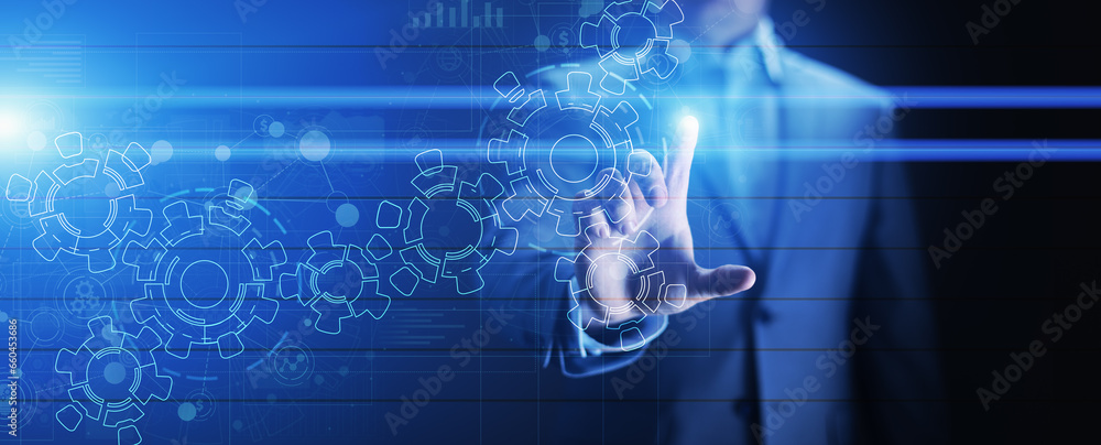 Poster gears mechanism on virtual screen. automation and business process flow. business and technology con