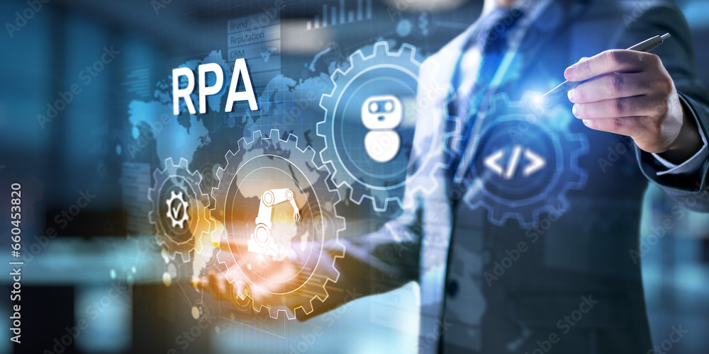 Poster rpa robotic process automation innovation technology concept on virtual screen.