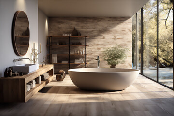 Minimal Bathroom Oasis. A minimalist bathroom with clean lines, a freestanding bathtub, and minimalist fixtures, creating a spa-like atmosphere with a focus on relaxation