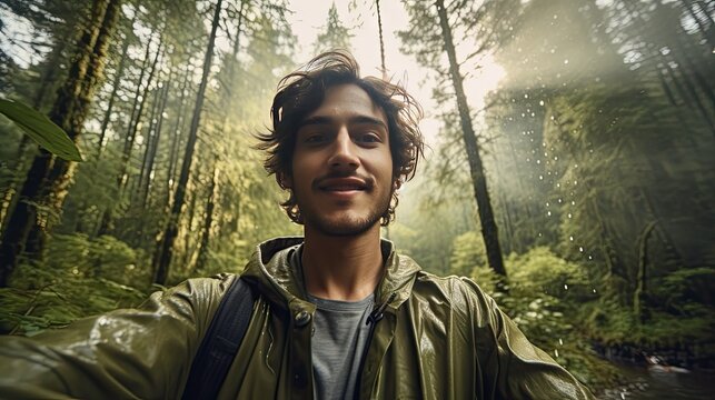 Green Crusader: Reflective Selfie of Young Environmentalist in Lush Forest