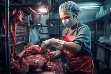 Woman working in a butchery, wearing protective clothes and gloves, putting minced meat into a meat grinder