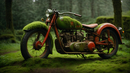 Fototapeta na wymiar an old red motorcycle from 1929 covered in green moss