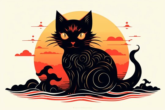 Illustration of a simple beckoning cat called 'Shofuku'. Generative AI