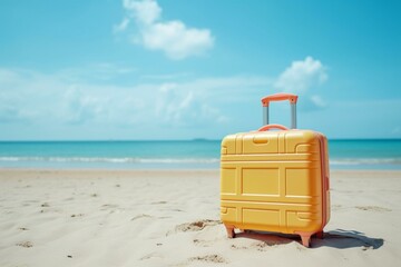 Bright suitcase with beach equipment on sandy beach, scenic ocean and sky view. Fun summer vacation vibes. Generative AI