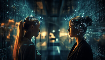 Two beautiful women looking each other and surrounded with big data wave. - obrazy, fototapety, plakaty