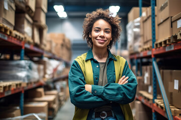 warehouse worker woman posing at work while smiling a the camera - obrazy, fototapety, plakaty