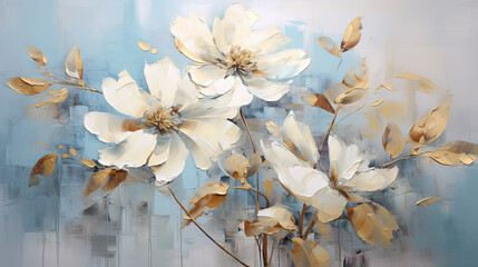 a painting of white flowers on a blue background.   Acrylic Painting of a Baby Blue color flower, Perfect for Wall Art.